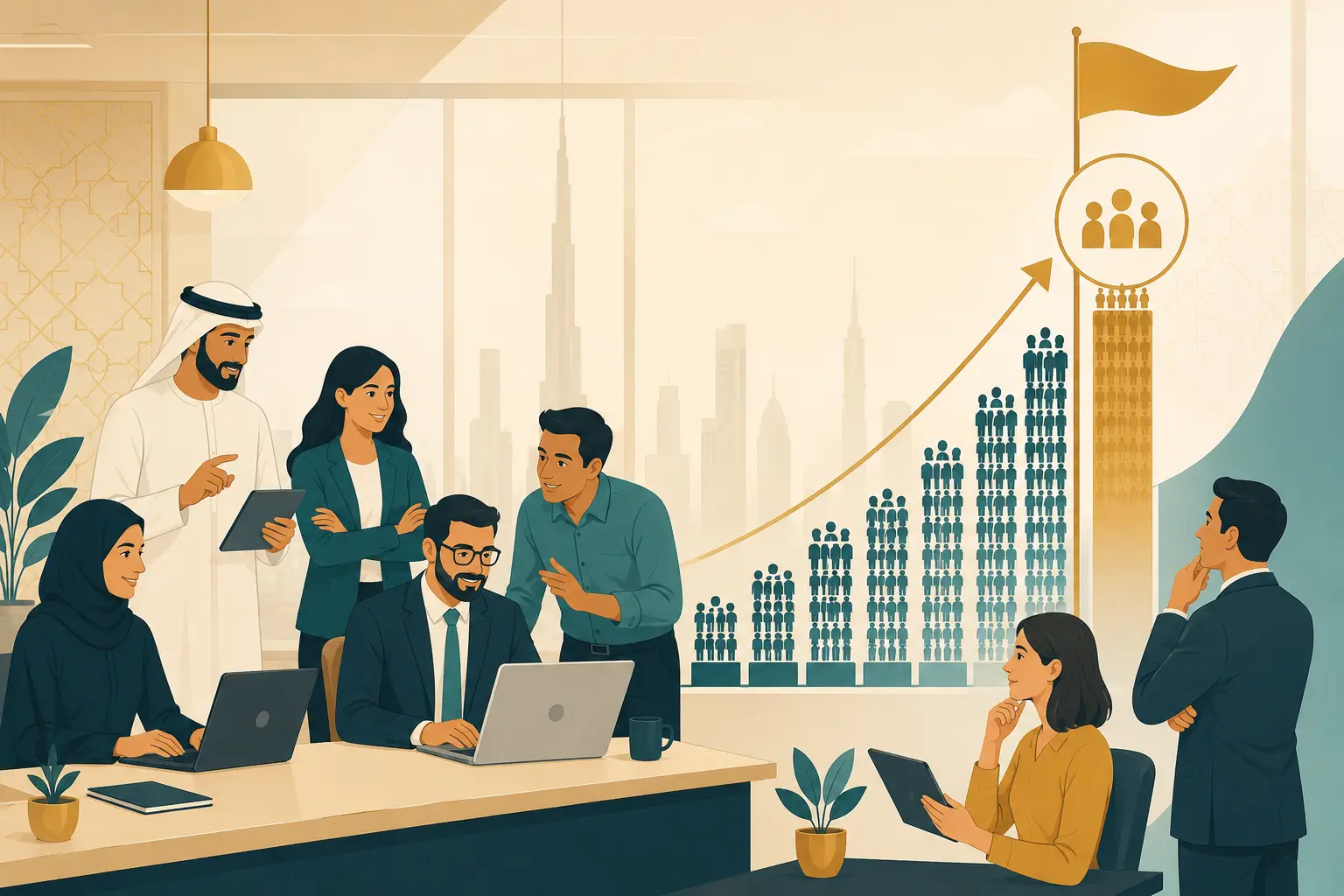 Illustration of diverse professionals with a rising bar chart reaching the UAE's 10% Emiratisation hiring target for 2026