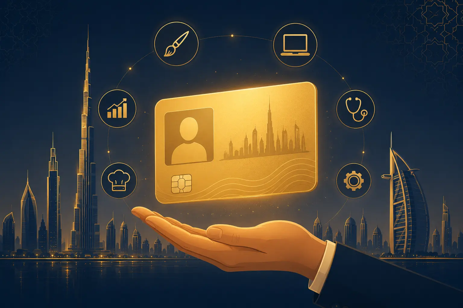 Golden UAE visa card illustration with icons representing new eligible categories like healthcare, tech, and creative professionals